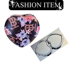 COMPACT MIRROR: Heart-Shaped Black, Pink, & Red w/Floral Design, NWOT